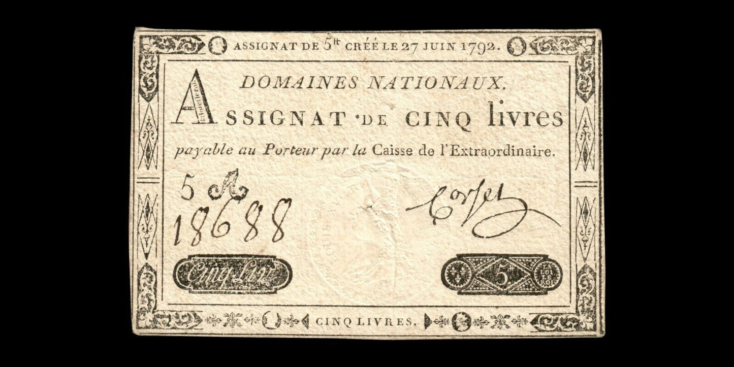 FRANCE - Assignat, 5 Livres 27 Juin 1792 Ass.30a, P.A60 Sign Corsel pr.TTB / VF-