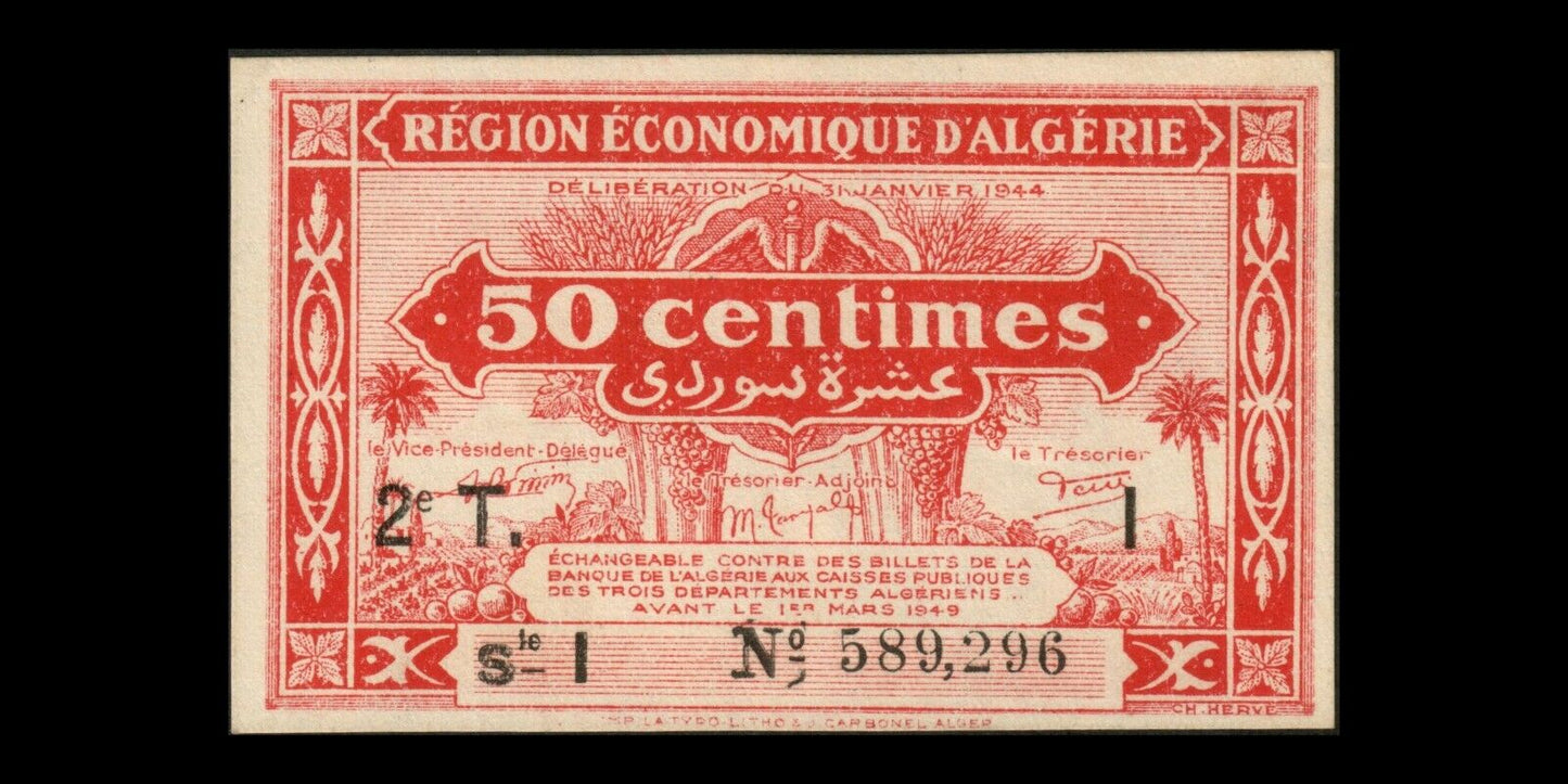 ALGÉRIE - ALGERIA - 50 Centimes Région Économique 1944 P.100 SPL+ / AU+