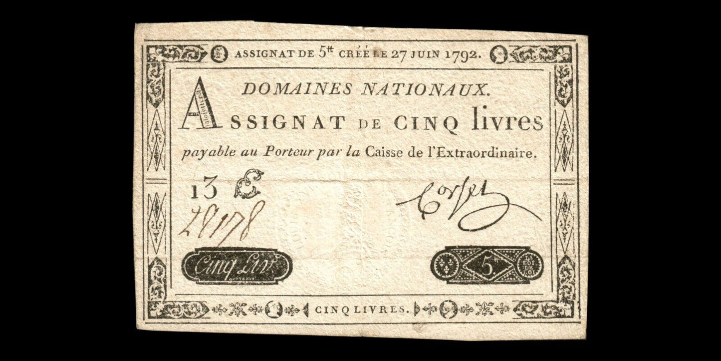 FRANCE - Assignat, 5 Livres 27 Juin 1792 Ass.30a, P.A60 Sign. Corsel TTB / VF