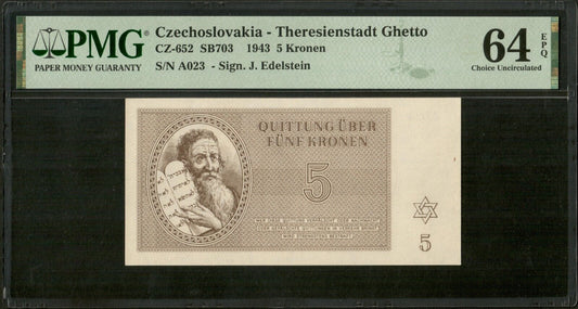 CZECHOSLOVAKIA - Theresienstadt Ghetto - 5 Kronen 1943 CZ-652 NEUF / PMG 64 EPQ