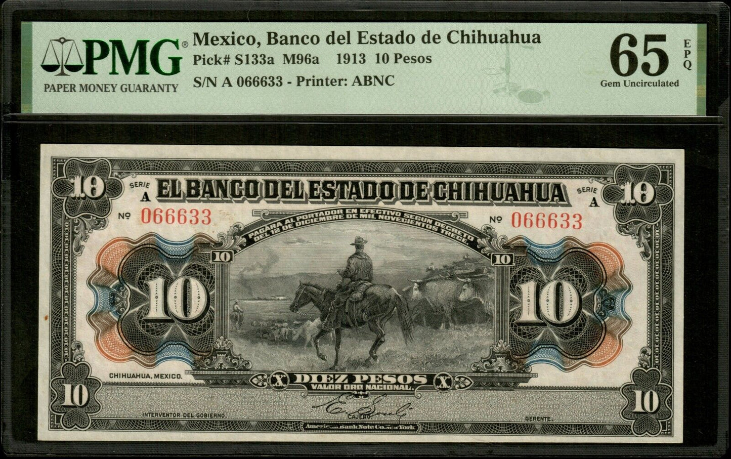 MEXIQUE - MEXICO - 10 Pesos (1913) Chihuahua P.S133a NEUF / PMG Gem Unc 65 EPQ