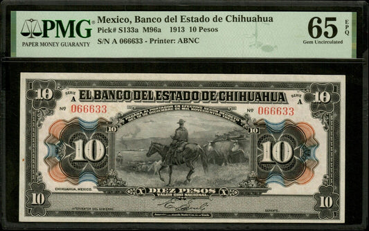 MEXIQUE - MEXICO - 10 Pesos (1913) Chihuahua P.S133a NEUF / PMG Gem Unc 65 EPQ