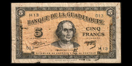 GUADELOUPE - 5 Francs Christophe Colomb (1942) P.21b TB / Fine