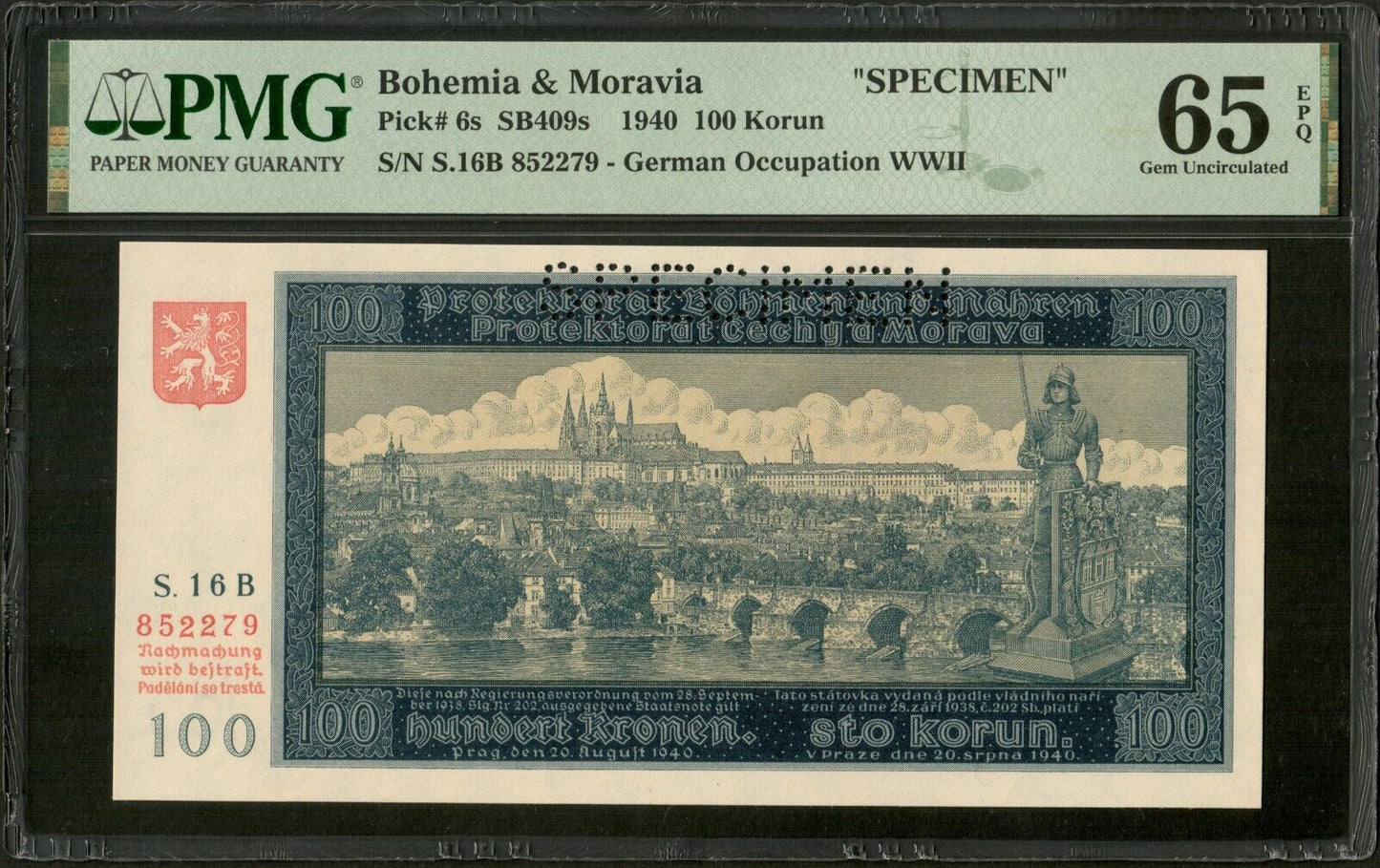 BOHEMIA AND MORAVIA - 100 Korun Specimen 1940 P.6s NEUF / PMG Gem Unc 65 EPQ