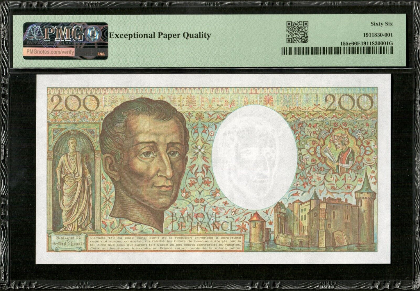 FRANCE - 200 Francs Montesquieu 1989 F.70.09 P.155c NEUF / PMG Gem Unc 66 EPQ