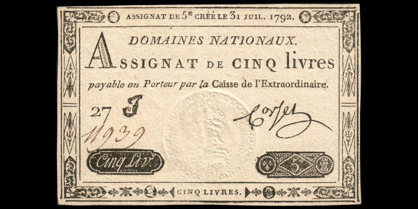 FRANCE - Assignat, 5 Livres 31 Juillet 1792 Ass.31a P.A61 Sign. Corsel  SUP+ XF+