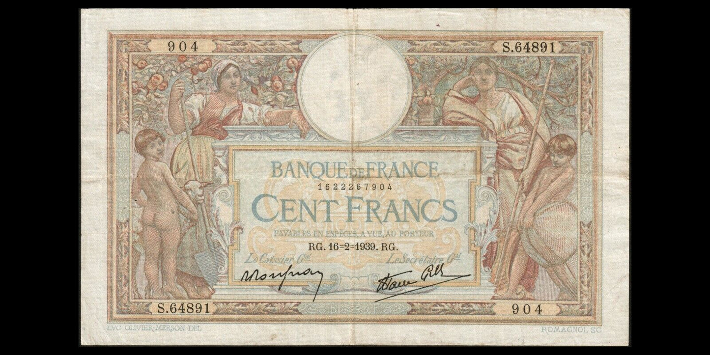 FRANCE - 100 Francs Merson 1939 F.25.43, P.86b TB / Fine