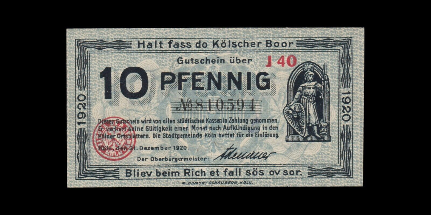 ALLEMAGNE - GERMANY - Notgeld, Köln, 10 Pfennig 1920 TTB+ / VF+