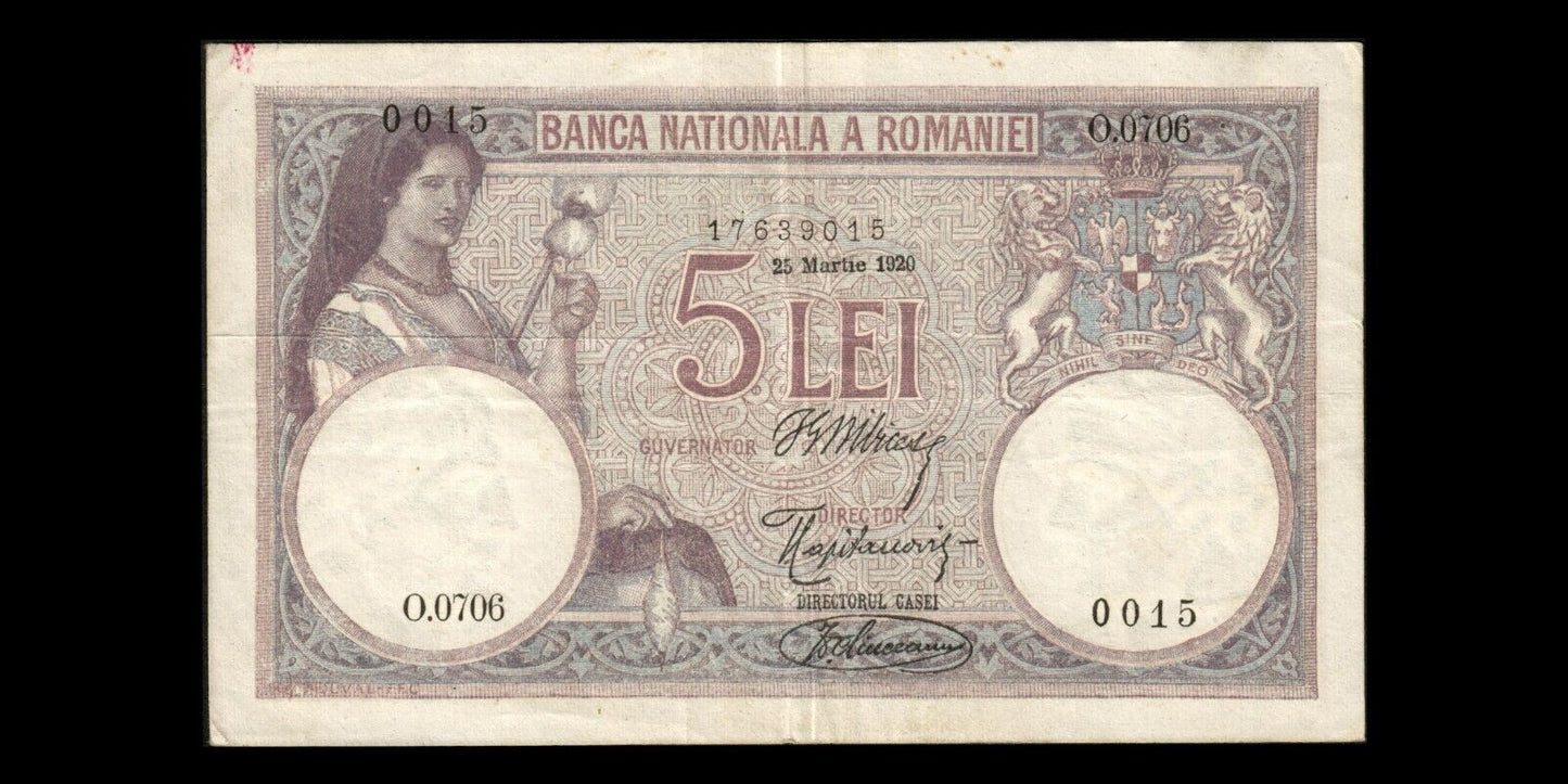 ROUMANIE - ROMANIA - 5 Lei 1920 P.19a TTB / VF