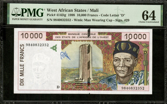 WEST AFRICAN STATES - MALI - 10000 Francs 1998 Pick 414Dg NEUF / PMG Choice Unc 64