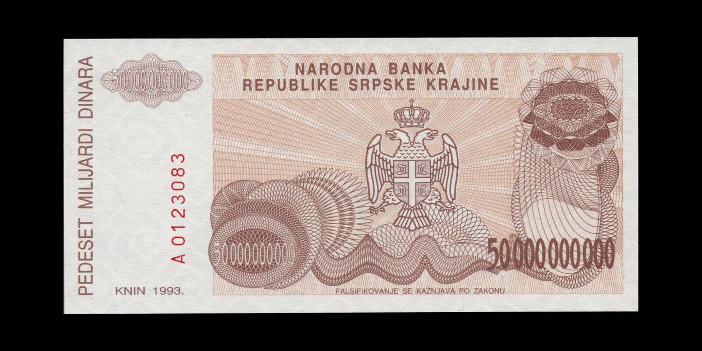 CROATIE - CROATIA - 50000000000 Dinara 1993 P.R29a NEUF / UNC