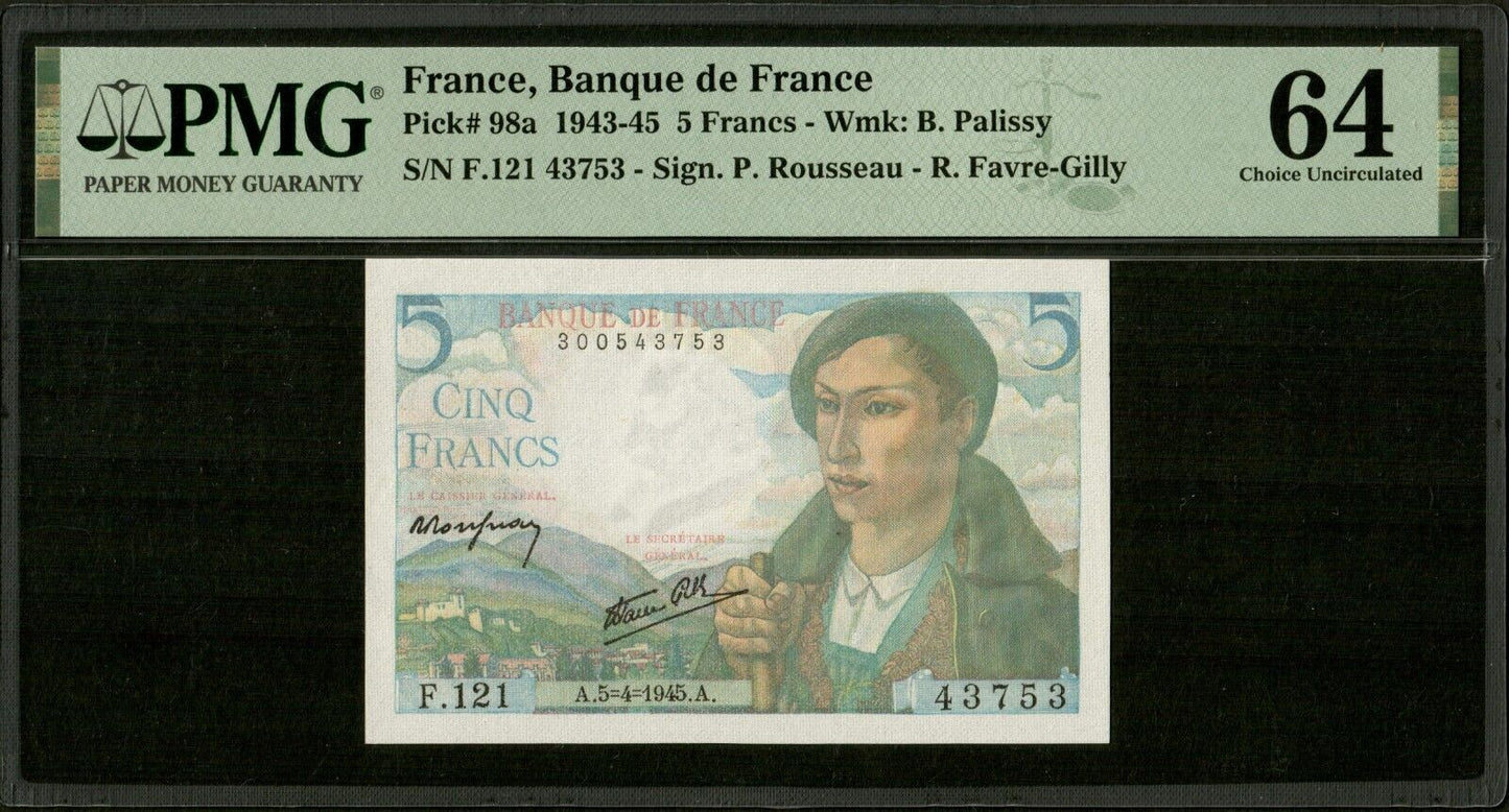 FRANCE - 5 Francs Berger 1945 F.05.06, P.98a NEUF / PMG Choice Unc 64