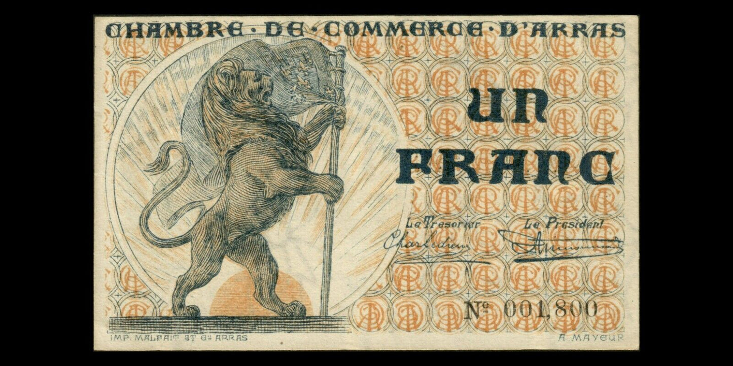 FRANCE - Chambre de Commerce, Arras 1 Franc (1918) JP.13.05 SPL / AU