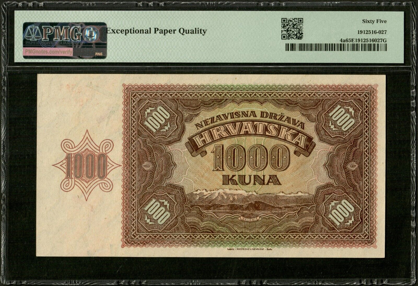 CROATIE - CROATIA - 1000 Kuna 1941 P.04a NEUF / PMG Gem Unc 65 EPQ