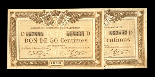 Chambre de Commerce Quimper & Brest, Consécutifs, 50 Centimes 1918 JP.104.10 TTB