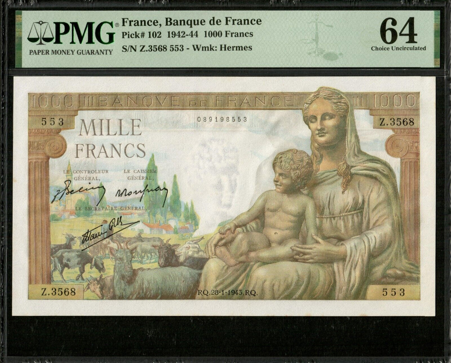 FRANCE - 1000 Francs Démeter 1943 F.40.17 P.102 NEUF / PMG Choice Unc 64