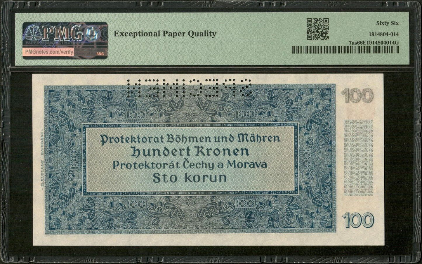 BOHEMIA AND MORAVIA - 100 Korun Specimen 1940 P.7as NEUF / PMG Gem Unc 66 EPQ