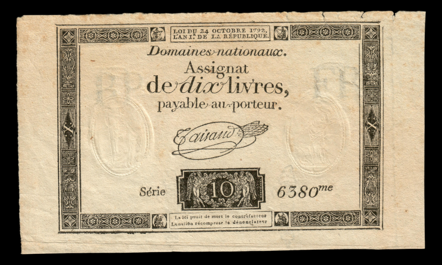 FRANCE - Assignat, 10 Livres 24 octobre 1792 Ass.36b, P.A66b Série 6380 TB, Fine