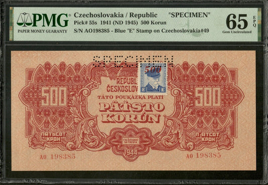 CZECHOSLOVAKIA - 500 Korun Specimen 1944 P.55s NEUF / PMG Gem Unc 65 EPQ Top Pop