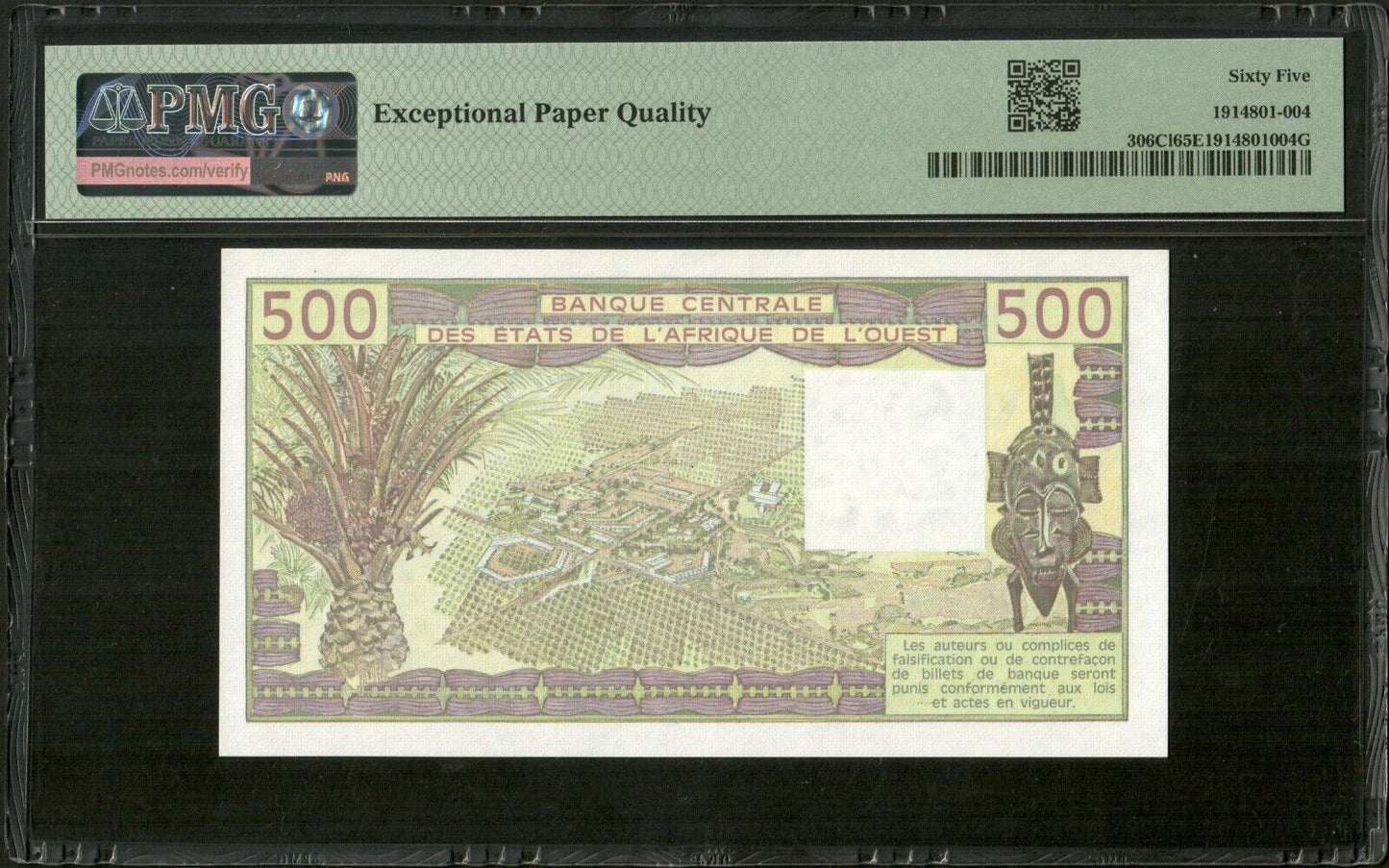 WEST AFRICAN STATES - BURKINA FASO - 500 Francs 1989 P.306Cl PMG 65EPQ Top Pop !