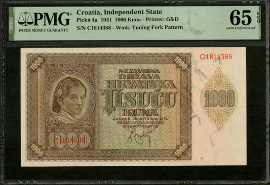 CROATIE - CROATIA - 1000 Kuna 1941 P.04a NEUF / PMG Gem Unc 65 EPQ