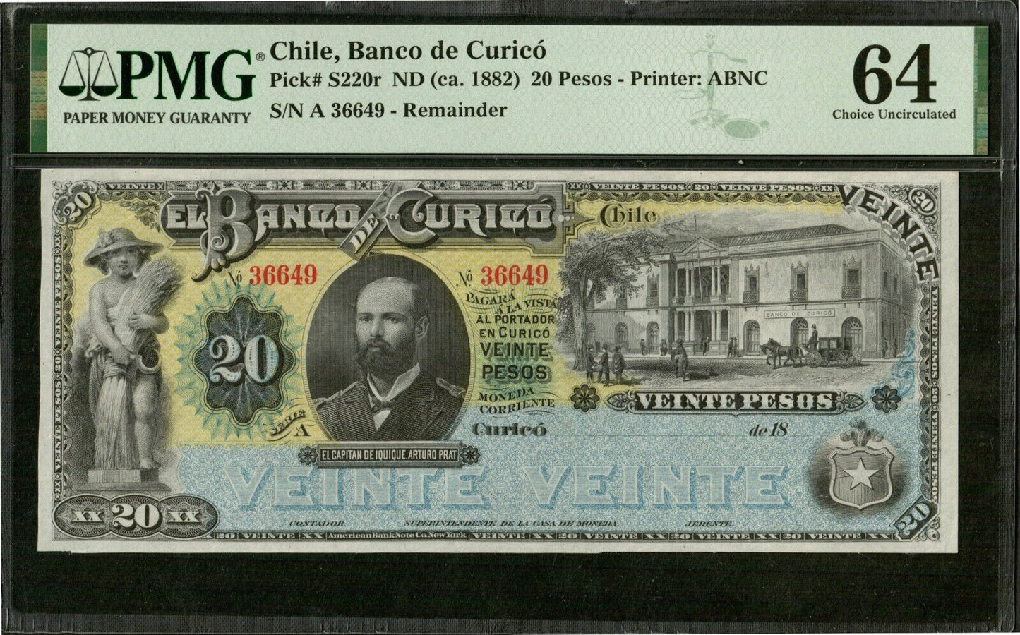 CHILE - El Banco de Curico, 20 Pesos Remainder (1882) P.S220r PMG 64 Choice UNC