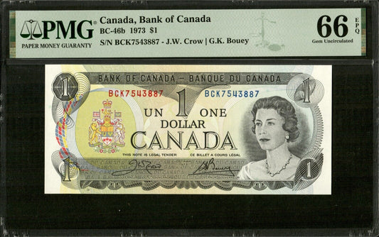 CANADA - 1 Dollar 1973 P.85c, BC-46b Crow, Bouey NEUF / PMG Gem UNC 66 EPQ